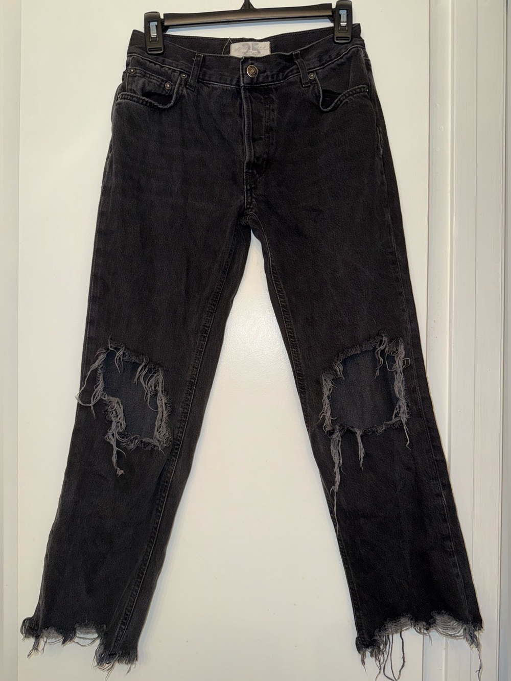 Free People Maggie mid-rise straight-leg jeans with heavy distressing, size 25